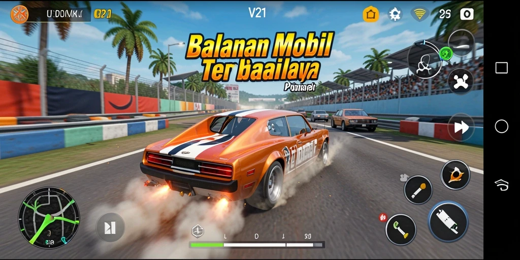 Gameplay V21 dengan aksi balapan mobil yang mendebarkan.